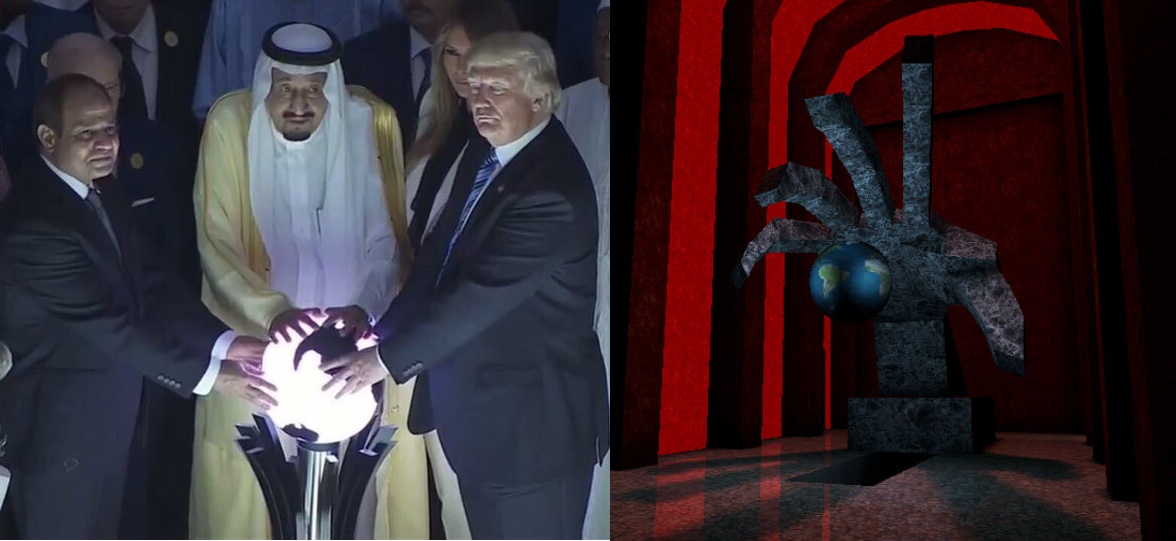 Donald Trump and the Saudi Arabians grasp the globe, as did the Illuminati in videogame Deus Ex